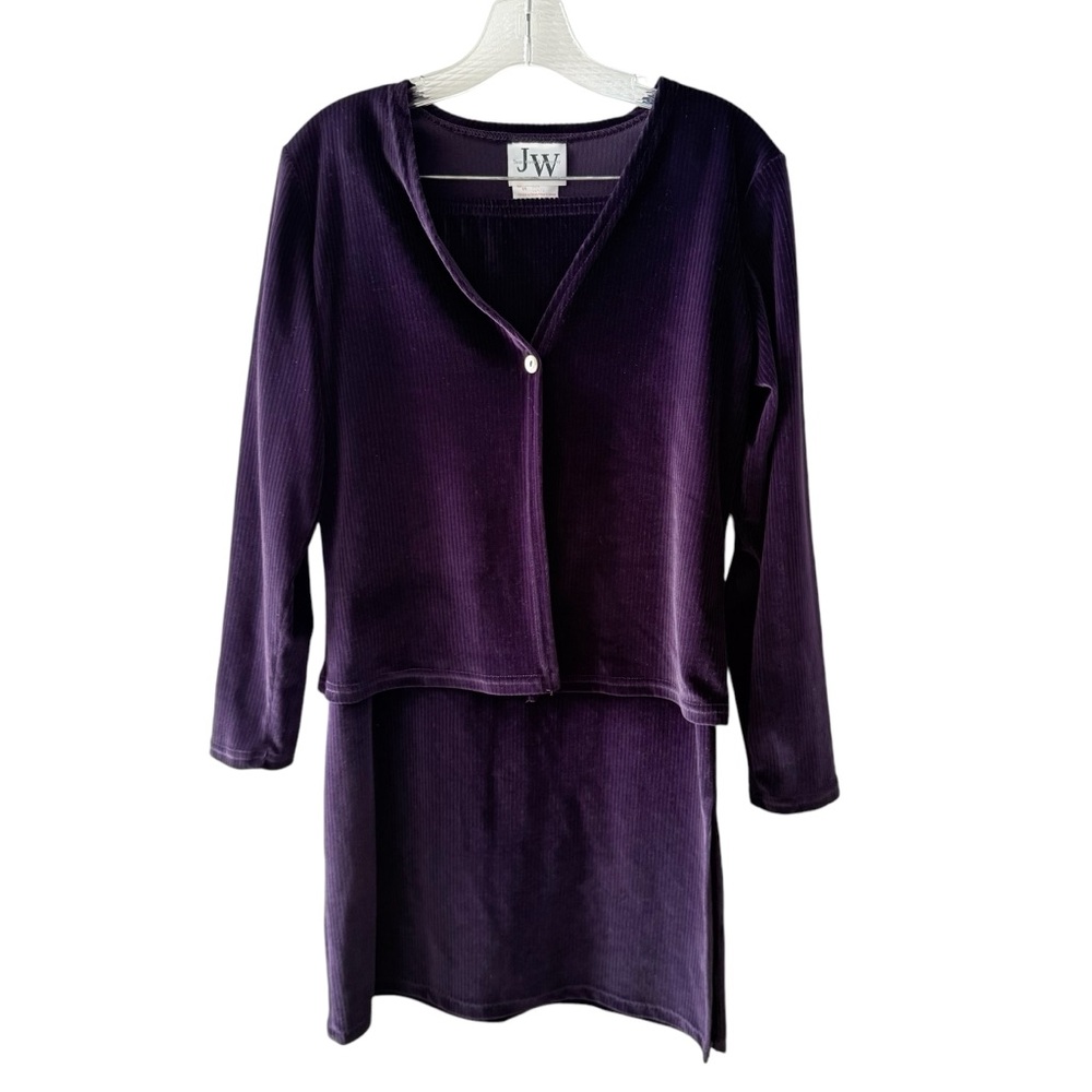 Vintage Jean Works & Co Eggplant Purple Velvour Cardigan Skirt Set Small Medium